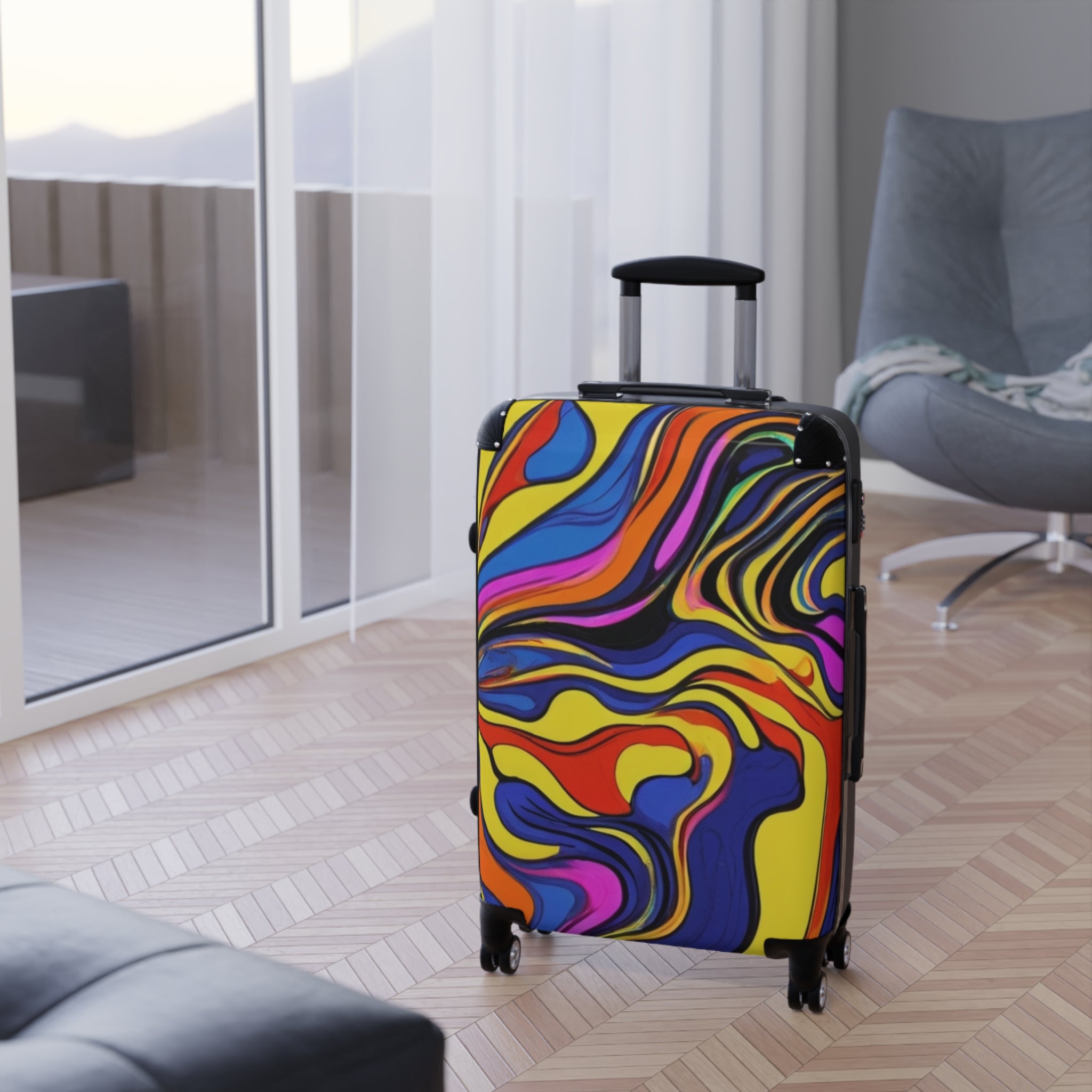 Multi-Colored, Suitcase, Vibrant Travel Suitcase, Colorful Luggage, Fun Adventure Bag, Unique Rolling Suitcase, Stylish Travel Gear, Eye-Catching Travel Accessory