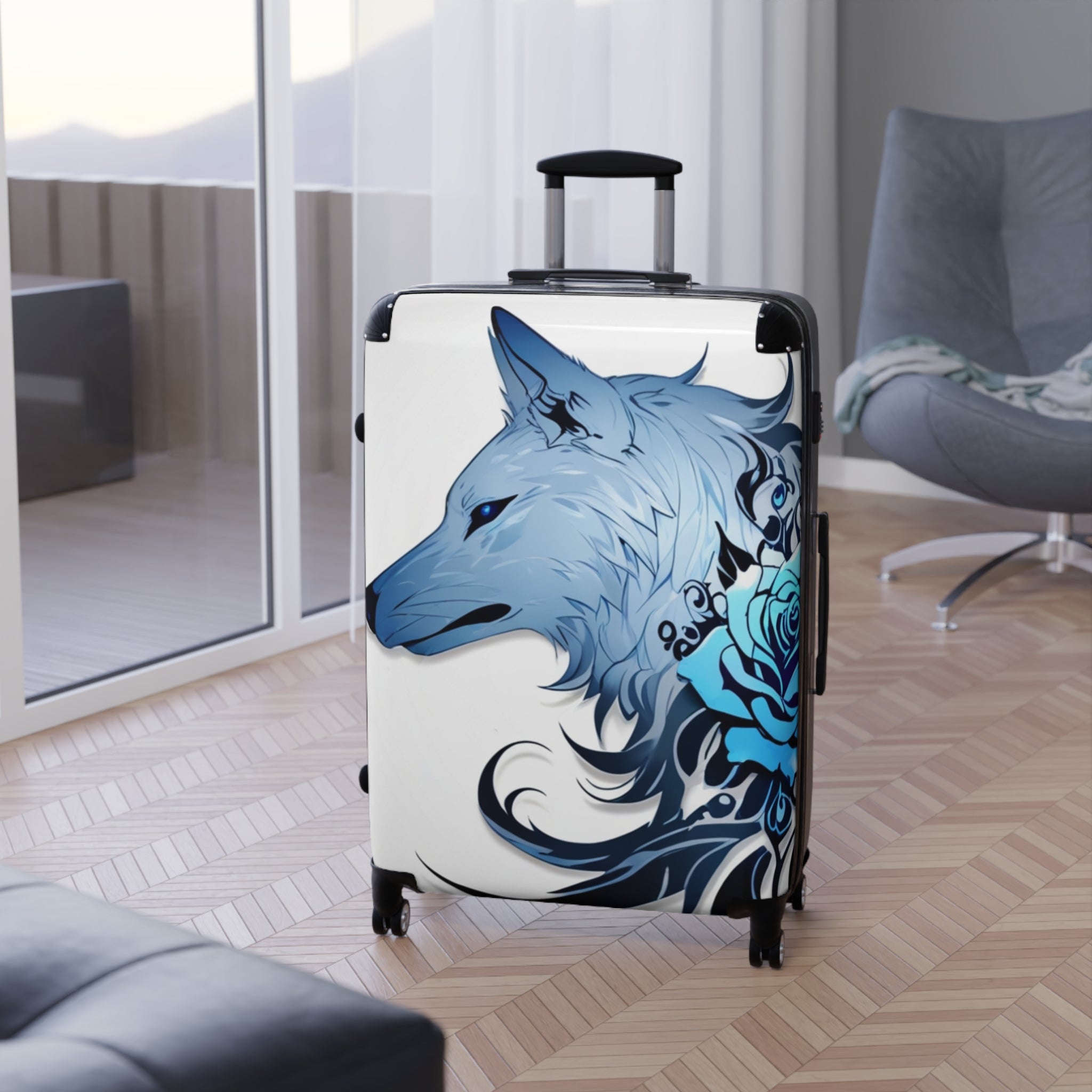 Blue Rose Wolf Suitcase  – Bold & Vibrant, Exclusive at Loot Cascade