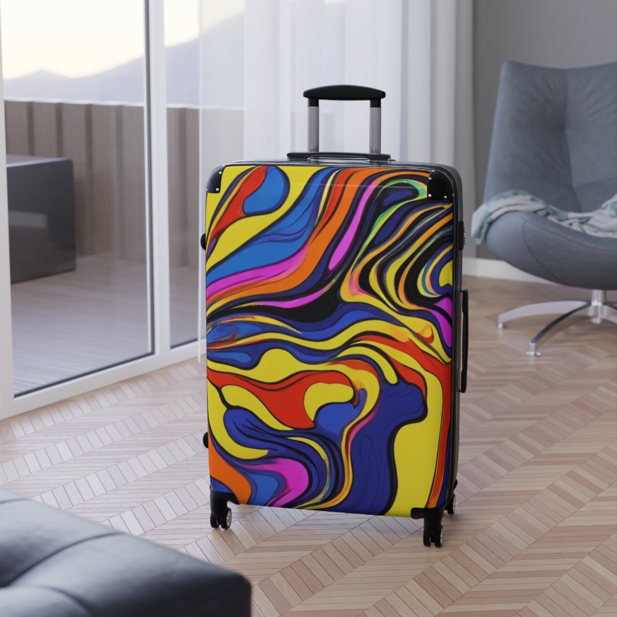 Multi-Colored, Suitcase, Vibrant Travel Suitcase, Colorful Luggage, Fun Adventure Bag, Unique Rolling Suitcase, Stylish Travel Gear, Eye-Catching Travel Accessory