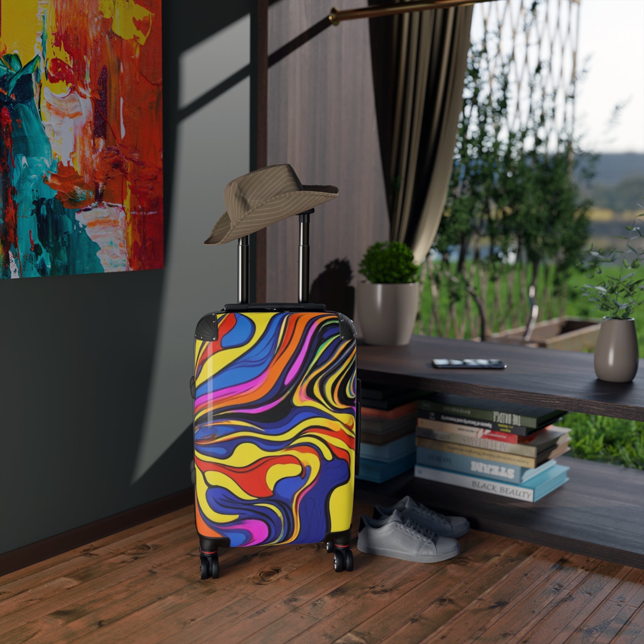 Multi-Colored, Suitcase, Vibrant Travel Suitcase, Colorful Luggage, Fun Adventure Bag, Unique Rolling Suitcase, Stylish Travel Gear, Eye-Catching Travel Accessory